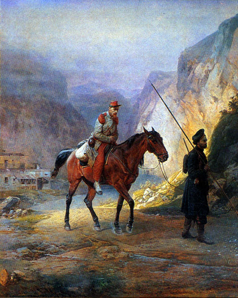 Б. П. Виллевальде. Раненый французский солдат на лошади казака