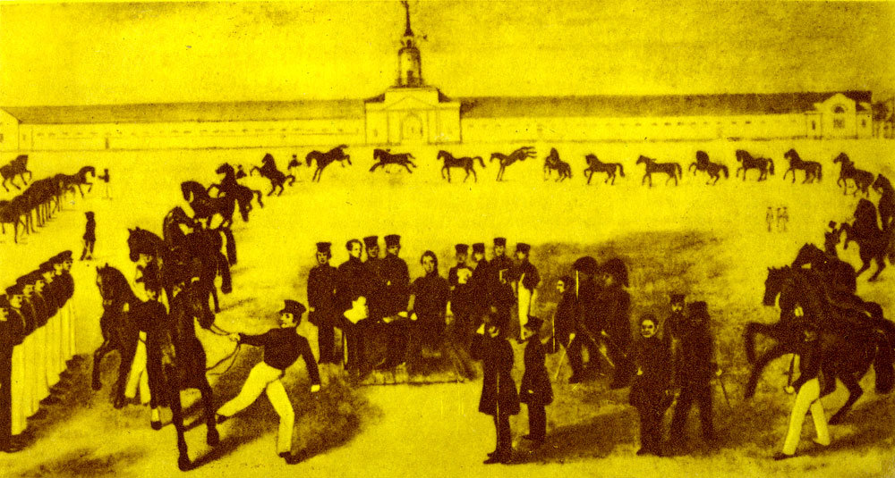  Показ лошадей в Починковском конном заводе. Акварель середины XIX в.
