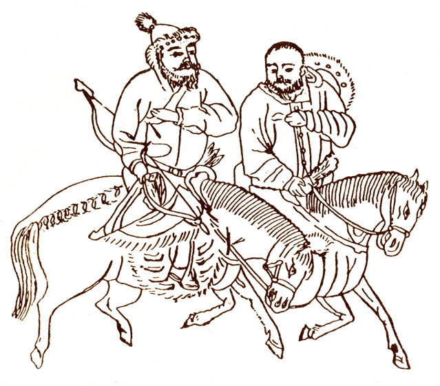 Конные воины. Рисунок из старинной китайской рукописи VI века. На этом рисунке изображены кочевники, тревожившие Китай с севера. Вероятно, это предки монголов, завоевавших Китай под водительством Чингисхана и в 1215 году разгромивших Пекин.