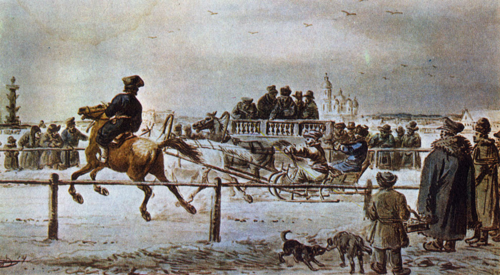 'Бега на Неве'. Литография А. О. Орловского. 1820 г.