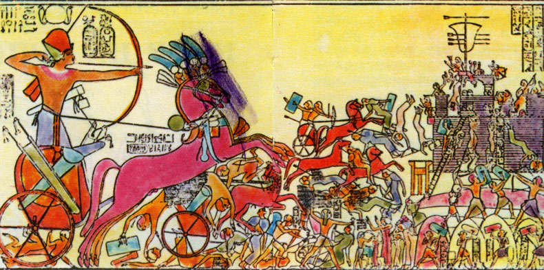 Фараон в битве. Колесницам удалось сокрушить пехоту врага, и теперь египтяне штурмуют стены.