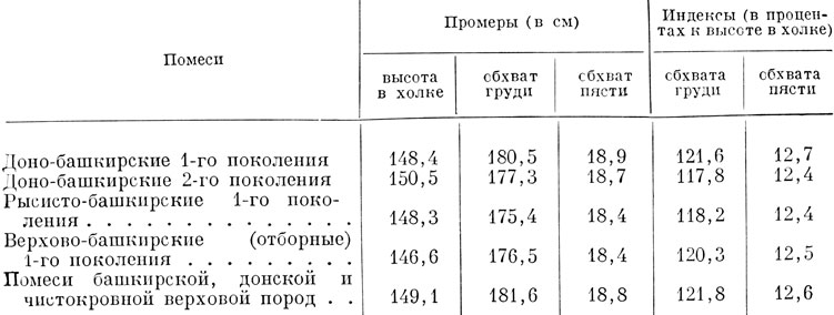 Таблица 129. Средние промеры и индексы башкирских кобыл-помесей (данные 1947 г.)